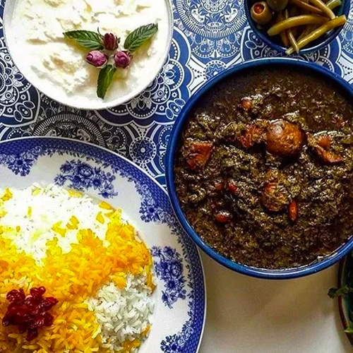 Persian dinner, Ghormeh-sabzi, Rice, Salads, Tunisian sweets and Wine